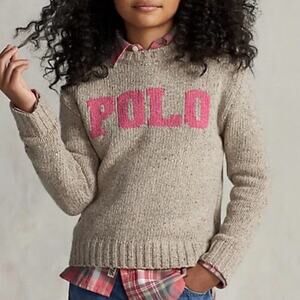 Polo Ralph Lauren Knit Sweater Girls 6 6X Tan Neutral Wool Blend Pink Spellout